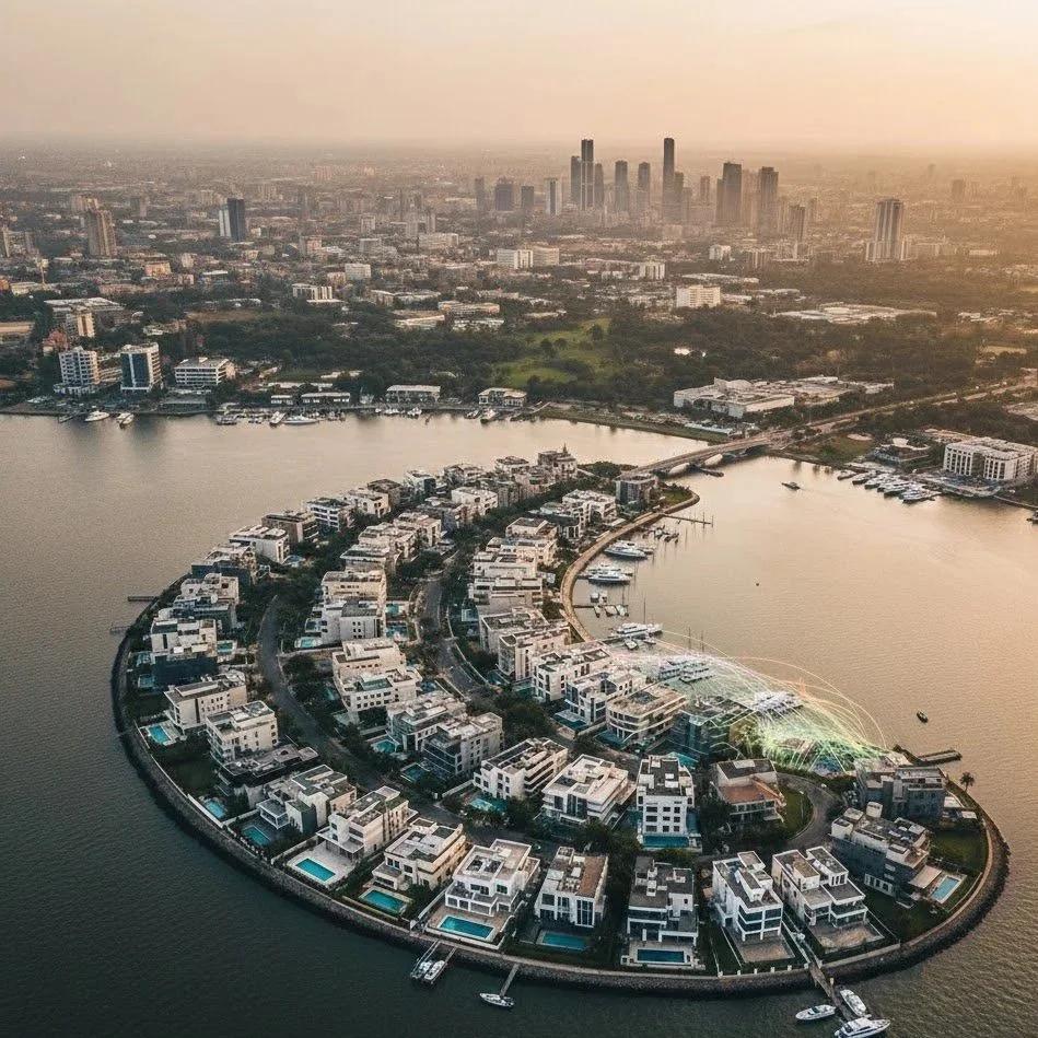 Aerial view of a Lagos waterfront peninsula of luxury homes at sunset