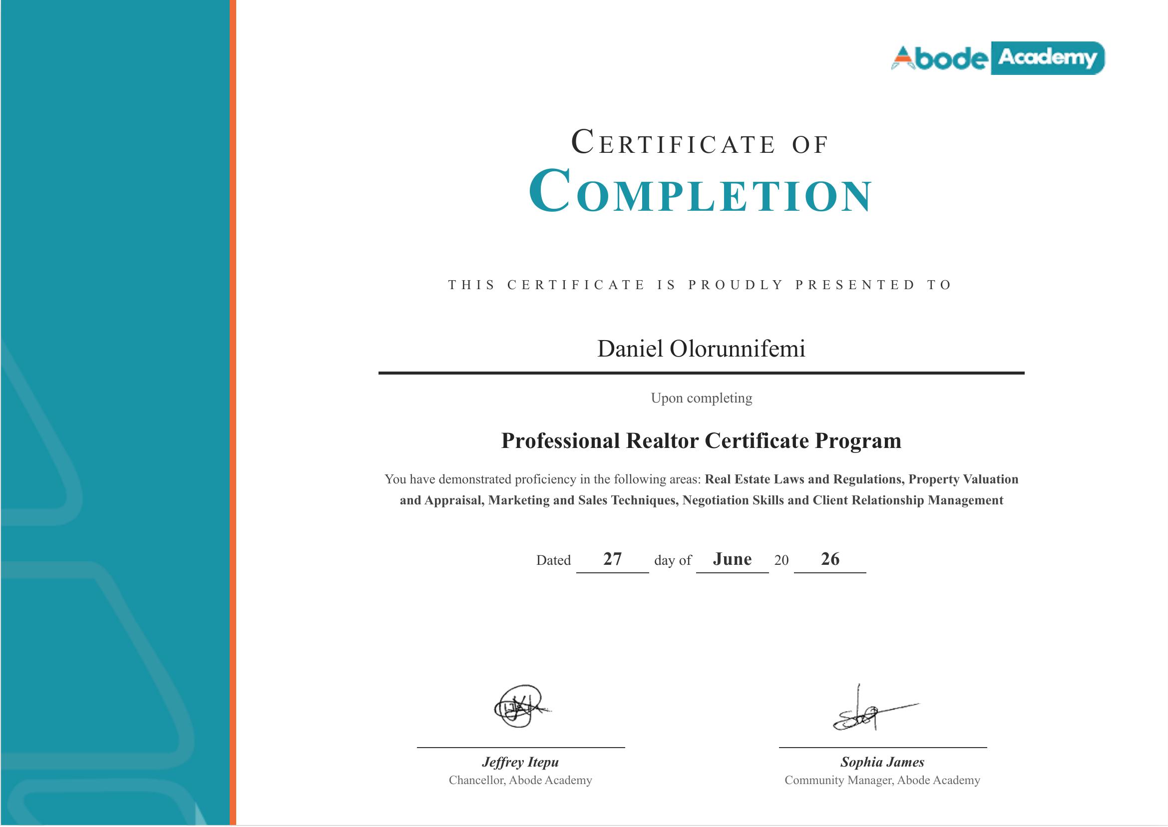 Danworth Estate Professional Realtor Certificate issued by Abode Academy